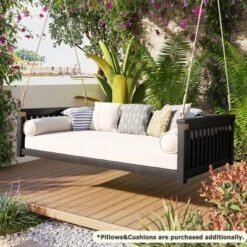 Minimalist Twin Garden Swing Bed With Ropes, Acacia Wood, Safe Sloped Design