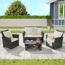 4 Pieces Outdoor Patio Furniture Sets Garden Rattan Chair Wicker Set, Poolside Lawn Chairs With Tempered Glass Coffee Table Porch Furniture -Outdoor Living Gardens GUEST 068f12c8 3493 49a0 87cb 8dabb54dd746
