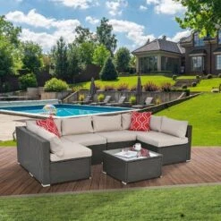 Patio Furniture Outdoor Sofa Set With 6 Seats, Garden Furniture With Tempered Glass Coffee Table