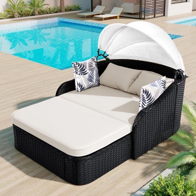 79.9" Outdoor Sunbed With Adjustable Canopy, Double Lounge, PE Rattan Daybed, Gray Wicker And Cushion 7 79.9" Outdoor Sunbed With Adjustable Canopy, Double Lounge, PE Rattan Daybed, Gray Wicker And Cushion - Image 5