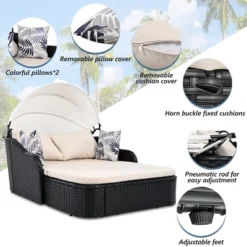 79.9" Outdoor Sunbed With Adjustable Canopy, Double Lounge, PE Rattan Daybed, Gray Wicker And Cushion