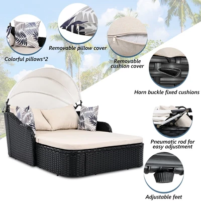79.9" Outdoor Sunbed With Adjustable Canopy, Double Lounge, PE Rattan Daybed, Gray Wicker And Cushion 3 79.9" Outdoor Sunbed With Adjustable Canopy, Double Lounge, PE Rattan Daybed, Gray Wicker And Cushion