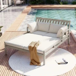 Outdoor Daybed, Patio Daybed With Four Pillows, Wooden Outdoor Bed With Curved Armrests For Poolside, Backyard, Garden -Outdoor Living Gardens GUEST 3c73958d eeee 401c a2e6 5e60bc77de20