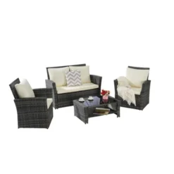4 Pieces Outdoor Patio Furniture Sets Garden Rattan Chair Wicker Set, Poolside Lawn Chairs With Tempered Glass Coffee Table Porch Furniture