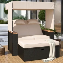 2-Piece Outdoor Rattan Daybed, Outdoor Bed With 5 Positions, Outdoor Loveseat Patio Sofa With Bench Lounge Roof Set And Cushions -Outdoor Living Gardens GUEST 4e1e2604 aeb1 4365 a2f0 60c2ba3bf6bf