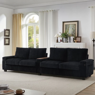 4-seater Corduroy Sofa Couch 133" Modern Sofa With USB Ports, Hidden Storage Arms, Flip-Top Cup Holders For Living Room, Black 11 4-seater Corduroy Sofa Couch 133" Modern Sofa With USB Ports, Hidden Storage Arms, Flip-Top Cup Holders For Living Room, Black - Image 9
