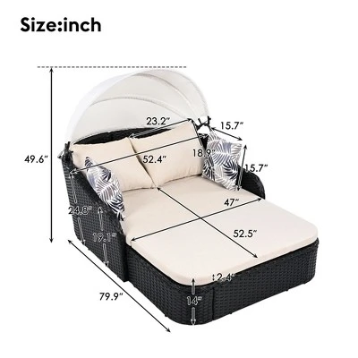 79.9" Outdoor Sunbed With Adjustable Canopy, Double Lounge, PE Rattan Daybed, Gray Wicker And Cushion 5 79.9" Outdoor Sunbed With Adjustable Canopy, Double Lounge, PE Rattan Daybed, Gray Wicker And Cushion - Image 3