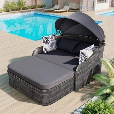 79.9" Outdoor Sunbed With Adjustable Canopy, Double Lounge, PE Rattan Daybed, Gray Wicker And Cushion 6 79.9" Outdoor Sunbed With Adjustable Canopy, Double Lounge, PE Rattan Daybed, Gray Wicker And Cushion - Image 4