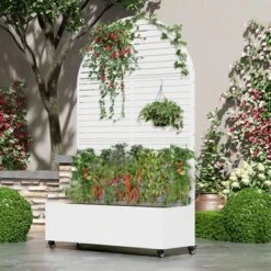 White Wrought Iron Arched Outdoor Planting Box With Climbing Frame, Garden Decoration -Outdoor Living Gardens GUEST 53bd9456 3bdf 4082 840b 8b6e8f424fd2