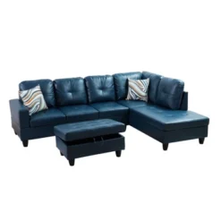 Blue Semi-PU Leather Sectional Sofa - Modern L-Shaped Design, Tufted Cushions, Storage Ottoman, Contemporary Home D�cor