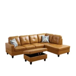 Tan Semi-PU Leather Sectional Sofa - Modern L-Shaped Design, Tufted Cushions, Decorative Pillows, Storage Ottoman