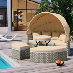 Outdoor Rattan Daybed With Retractable Canopy - Separate Seating And Removable Cushions -Outdoor Living Gardens GUEST 639cdc95 c6f2 4f34 b7a5 8a855ab95bb6