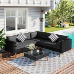 4-pieces Outdoor Wicker Sofa Set, Patio Furniture With Colorful Pillows, L-shape Sofa Set, Beige Cushions And Brown Rattan -Outdoor Living Gardens GUEST 682ecf26 9117 4fd5 8dcf 5e4c0d314478
