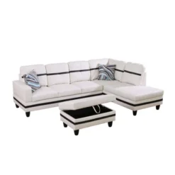 White And Black Semi-PU Leather Sectional Sofa - Modern L-Shaped Design, Tufted Cushions, Storage Ottoman, Chic Home D�cor