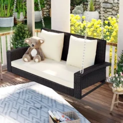 2-Person Wicker Hanging Porch Swing With Chains, Cushion, Pillow, Rattan Swing Bench For Garden, Backyard, Pond. -Outdoor Living Gardens GUEST 6f8df6aa de66 482e 9ffa e5795b6464fc