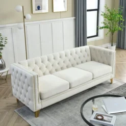 Velvet Sofa For Living Room,Buttons Tufted Square Arm Couch, Modern Couch Upholstered Button And Metal Legs, Sofa Couch For Bedroom