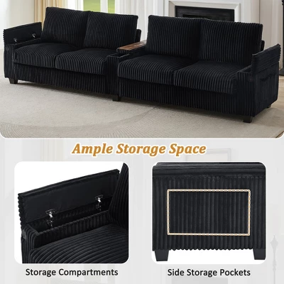 4-seater Corduroy Sofa Couch 133" Modern Sofa With USB Ports, Hidden Storage Arms, Flip-Top Cup Holders For Living Room, Black 6 4-seater Corduroy Sofa Couch 133" Modern Sofa With USB Ports, Hidden Storage Arms, Flip-Top Cup Holders For Living Room, Black - Image 4