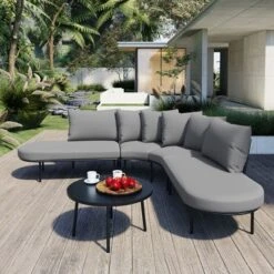 Patio Half- Moon Curved Outdoor Furniture Sofa Set With Coffee Table, Padded Seats And Backrest Cushions For Garden -Outdoor Living Gardens GUEST 85ff80c7 f7b7 427b 9f09 fb5288795518