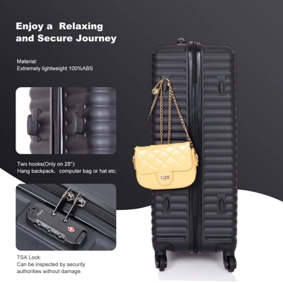3 Piece Luggage Sets ABS Lightweight Suitcase With Two Hooks, Spinner Wheels, TSA Lock, (20/24/28) Black 5 3 Piece Luggage Sets ABS Lightweight Suitcase With Two Hooks, Spinner Wheels, TSA Lock, (20/24/28) Black - Image 3