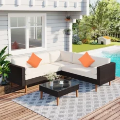 4-pieces Outdoor Wicker Sofa Set, Patio Furniture With Colorful Pillows, L-shape Sofa Set, Beige Cushions And Brown Rattan -Outdoor Living Gardens GUEST 89ca163e 406e 4588 a407 4fe864475ff9