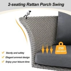 Two-Person 51.9" Rattan Woven Hanging Seat With Ropes - Gray Wicker Swing Chair With Cushion