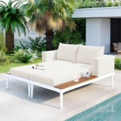 Outdoor Daybed Patio Metal Daybed With Wood Topped Side Spaces For Drinks, 2 In 1 Padded Chaise Lounges For Poolside, Balcony -Outdoor Living Gardens GUEST 8d71662d c138 4b53 bf6d b57a6195a808