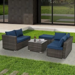 Patio Furniture, Outdoor Furniture, Seasonal PE Wicker Furniture, 4 Set Wicker Furniture With Tempered Glass Coffee Table