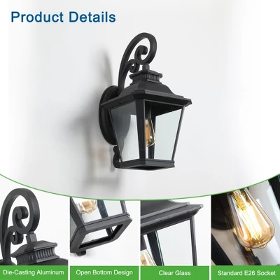21" H 1-Pack Outdoor Wall Lantern Light Vintage Black Metal And Clear Glass Sconce With Decorative Scroll Design (Bulb Not Included) 7 21" H 1-Pack Outdoor Wall Lantern Light Vintage Black Metal And Clear Glass Sconce With Decorative Scroll Design (Bulb Not Included) - Image 5