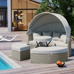 Outdoor Rattan Daybed With Retractable Canopy - Separate Seating And Removable Cushions -Outdoor Living Gardens GUEST 935e7bd4 473c 4781 b672 cfce4f9dce3b