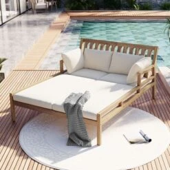 Outdoor Daybed, Patio Daybed With Four Pillows, Wooden Outdoor Bed With Curved Armrests For Poolside, Backyard, Garden -Outdoor Living Gardens GUEST 93647b56 6b3e 4e18 9078 79cdc0f6c5e7