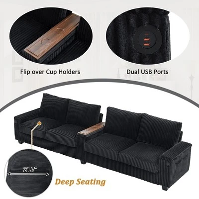 4-seater Corduroy Sofa Couch 133" Modern Sofa With USB Ports, Hidden Storage Arms, Flip-Top Cup Holders For Living Room, Black 5 4-seater Corduroy Sofa Couch 133" Modern Sofa With USB Ports, Hidden Storage Arms, Flip-Top Cup Holders For Living Room, Black - Image 3