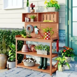 Farmhouse Potting Bench Table - 65": 4 Shelves, Side Hook, Rustic Outdoor Garden Station -Outdoor Living Gardens GUEST 96d4e725 a5d9 4846 bb47 d4b86271aaaa