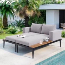 Outdoor Daybed Patio Metal Daybed With Wood Topped Side Spaces For Drinks, 2 In 1 Padded Chaise Lounges For Poolside, Balcony -Outdoor Living Gardens GUEST 9d69bcac 4bc4 4d40 88e6 7a6dc9aaf3b6