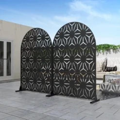 Star-Embossed Arch Black Galvanized Steel Screen | 183H X 120W X 40D Cm