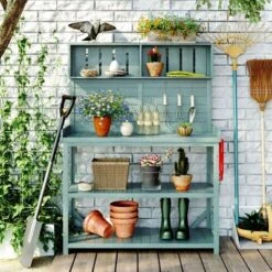 Farmhouse Potting Bench Table - 65": 4 Shelves, Side Hook, Rustic Outdoor Garden Station -Outdoor Living Gardens GUEST a64f5d53 887e 4d38 a950 5aadc079e070
