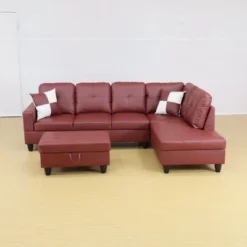 Elegant Red Semi-PU Leather Sectional Sofa - L-Shaped Design, Plush Cushions, Storage Ottoman, Modern Living Room Furniture
