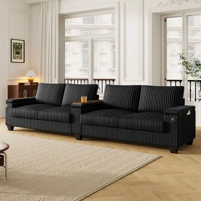 4-seater Corduroy Sofa Couch 133" Modern Sofa With USB Ports, Hidden Storage Arms, Flip-Top Cup Holders For Living Room, Black 12 4-seater Corduroy Sofa Couch 133" Modern Sofa With USB Ports, Hidden Storage Arms, Flip-Top Cup Holders For Living Room, Black - Image 10