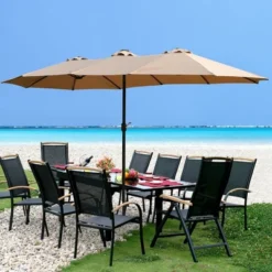 15x9Ft Large Double-Sided Rectangular Outdoor Twin Patio Market Umbrella With Light And Base- Red -Outdoor Living Gardens GUEST b9b64b79 adcd 493d 98ef efddde842e5a