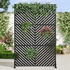 1-Piece 46.8in.W X 71.37in.H Black Parallel Line Galvanized Outdoor Privacy Screen Garden Screen Decorative Art Panel -Outdoor Living Gardens GUEST c2b736a2 a195 417b b53b dc11e117aec1