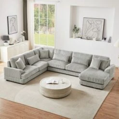 129" Oversized Sectional Sofa U-shaped Sofa Couch Modern Sofa Upholstered In Soft Corduroy With A Chaise Lounge For Living Room, Beige -Outdoor Living Gardens GUEST c5609d13 1565 44fd b16f 3df3bdfcdfdd