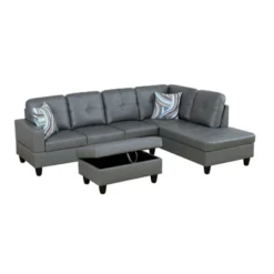 Dark Gray Semi-PU Leather Sectional Sofa - Modern L-Shaped Design, Tufted Cushions, Decorative Pillows, Storage Ottoman