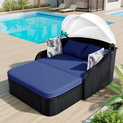 79.9" Outdoor Sunbed With Adjustable Canopy, Double Lounge, PE Rattan Daybed, Gray Wicker And Cushion 8 79.9" Outdoor Sunbed With Adjustable Canopy, Double Lounge, PE Rattan Daybed, Gray Wicker And Cushion - Image 6