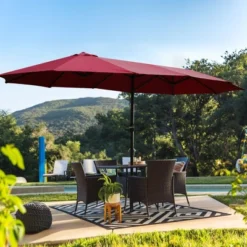 15x9Ft Large Double-Sided Rectangular Outdoor Twin Patio Market Umbrella With Light And Base- Red -Outdoor Living Gardens GUEST d0db6a72 34c5 4e49 a32a 540bb422ef3b