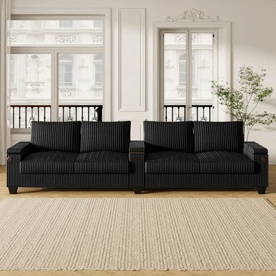 4-seater Corduroy Sofa Couch 133" Modern Sofa With USB Ports, Hidden Storage Arms, Flip-Top Cup Holders For Living Room, Black 8 4-seater Corduroy Sofa Couch 133" Modern Sofa With USB Ports, Hidden Storage Arms, Flip-Top Cup Holders For Living Room, Black - Image 6
