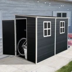 4x8ft Outdoor Storage Shed With Floor Resin Shed With Two-Window, Waterproof ,Lockable Doors For Patio,Yard,Lawn ---Gray