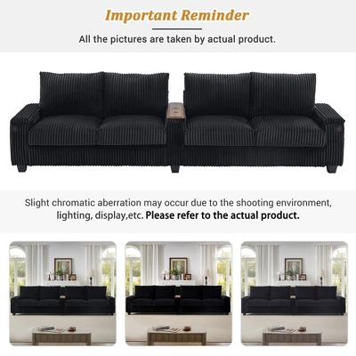 4-seater Corduroy Sofa Couch 133" Modern Sofa With USB Ports, Hidden Storage Arms, Flip-Top Cup Holders For Living Room, Black 7 4-seater Corduroy Sofa Couch 133" Modern Sofa With USB Ports, Hidden Storage Arms, Flip-Top Cup Holders For Living Room, Black - Image 5