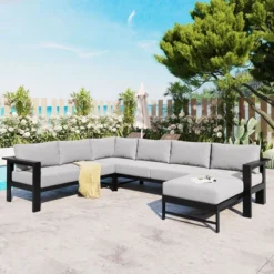 6 Seaters Gray U-Shaped Multi-Person Outdoor Sofa Set Suitable For Gardens Backyards And Balconies