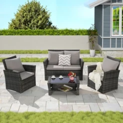 4 Pieces Outdoor Patio Furniture Sets Garden Rattan Chair Wicker Set, Poolside Lawn Chairs With Tempered Glass Coffee Table Porch Furniture -Outdoor Living Gardens GUEST e32dac6e 3df8 4ad4 9a96 8efef51de92a