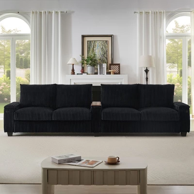 4-seater Corduroy Sofa Couch 133" Modern Sofa With USB Ports, Hidden Storage Arms, Flip-Top Cup Holders For Living Room, Black 10 4-seater Corduroy Sofa Couch 133" Modern Sofa With USB Ports, Hidden Storage Arms, Flip-Top Cup Holders For Living Room, Black - Image 8