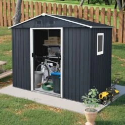 8ft X 4ft Outdoor Metal Storage Shed With Window And Metal Foundation,Gray 21 8ft X 4ft Outdoor Metal Storage Shed With Window And Metal Foundation,Gray -Outdoor Living Gardens GUEST eb9e4899 27ff 4cbe 9264 38469c7fad9a